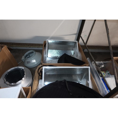 2080 - A quantity of various grow room equipment including lights, ballasts, timers, a Rhino filter, a fan ... 