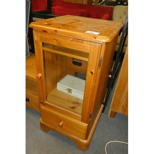 2128 - 1 x Pine hi-fi cabinet with 1 x glass door and 1 x drawer below  and 1 x white jewellery box (empty)