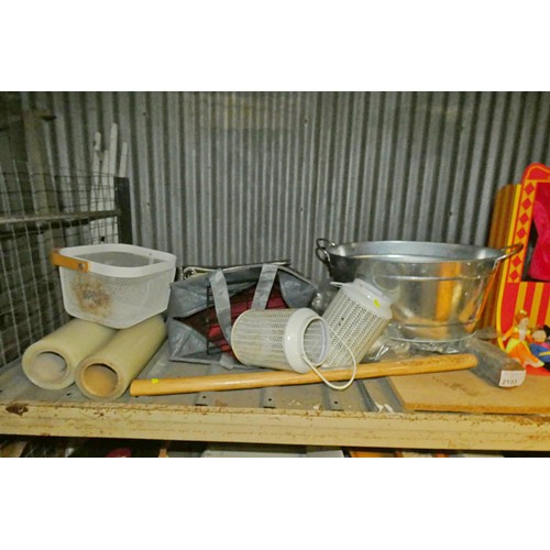 2183 - A quantity of various items including a puppet show set, a sledge hammer, a bag of grout, a metal ba... 