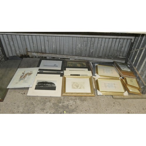 2185 - A quantity of various pictures, prints and frames. Contents of 1 shelf