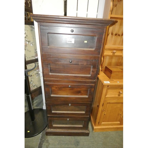 2196 - 1 x vintage dark wood chest of five drawers approx 63 x 47 x 145cm high. Please note that the five d... 