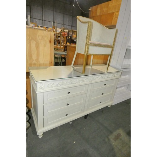 2211 - 1 x cream chest of 6 drawers approx 150cm wide and 1 x bedroom chair