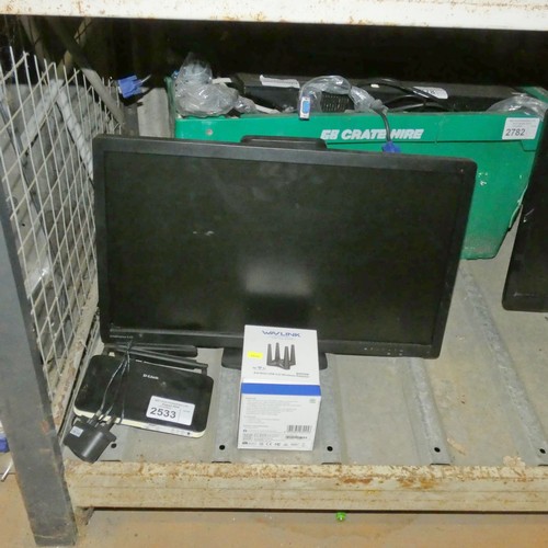 2533 - A 23 inch computer monitor by HP type 2331, a D-D-link router and a Wavlink ax1800 wireless adapter ... 