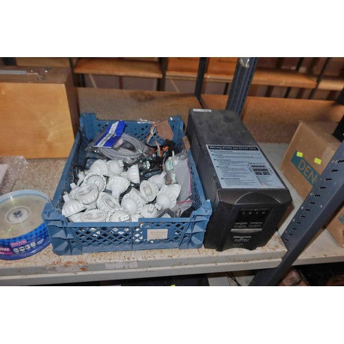 2536 - A metal strong box with key, a Polycom conferencing phone, Fujitsu ups machine, light bulbs etc cont... 