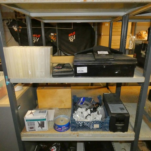 2536 - A metal strong box with key, a Polycom conferencing phone, Fujitsu ups machine, light bulbs etc cont... 