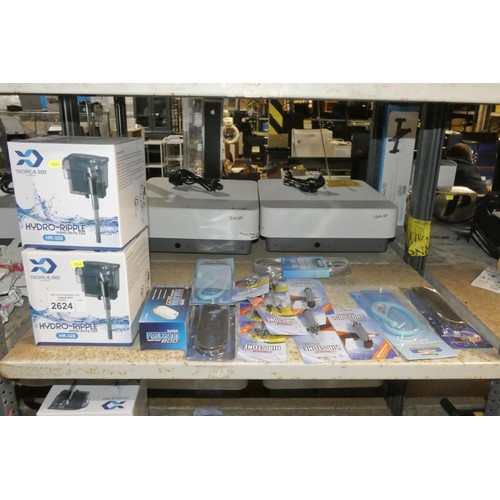 2624 - A quantity of various fish tank accessories including pumps, filter, stones etc. Contents of 1 shelf... 