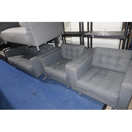 1354 - A dark grey upholstered reception type sofa approx 165cm wide and 2 x matching arm chairs