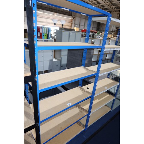 1360 - 1 bay of freestanding blue metal boltless stores type racking with chipboard shelves approx 92 x 31 ... 