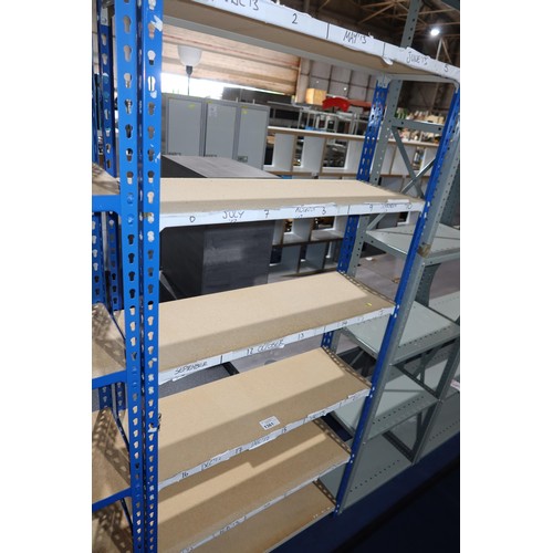 1361 - 1 bay of freestanding blue / grey metal boltless stores type racking with chipboard shelves approx 9... 