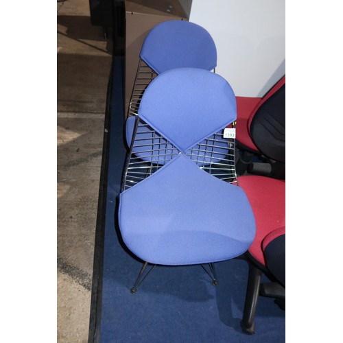 1393 - 2 x Eames style Bikini type chairs with blue upholstery and metal frames