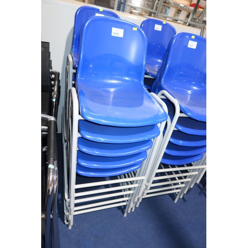 1405 - 5 x stacking metal framed chairs with blue plastic seats