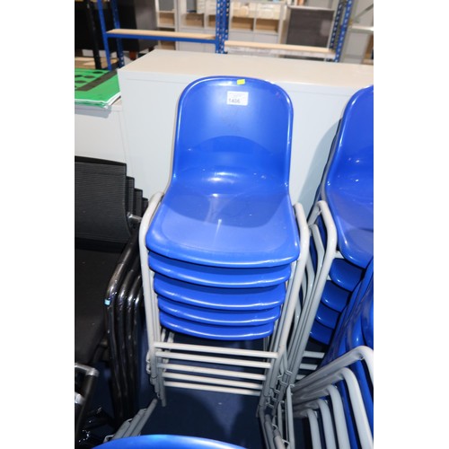 1406 - 5 x stacking metal framed chairs with blue plastic seats