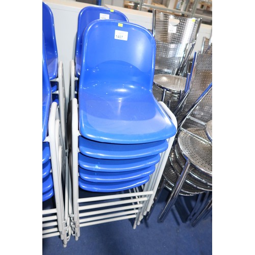 1407 - 5 x stacking metal framed chairs with blue plastic seats