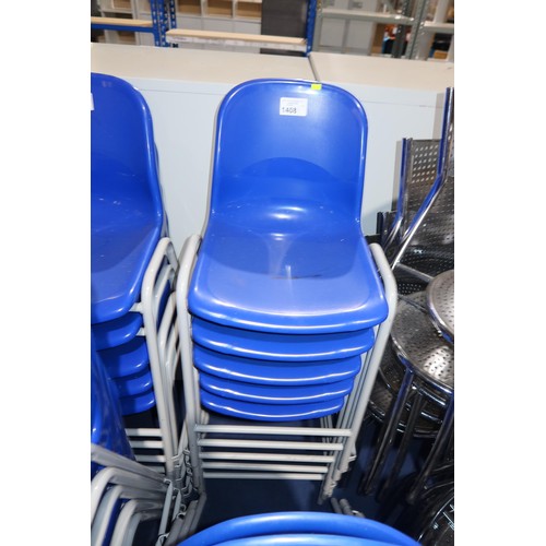 1408 - 5 x stacking metal framed chairs with blue plastic seats