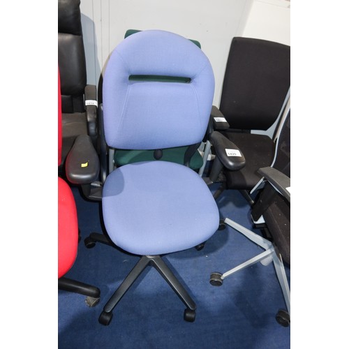 1420 - 1 x light blue upholstered office swivel chair and 1 x green upholstered cantilever chair