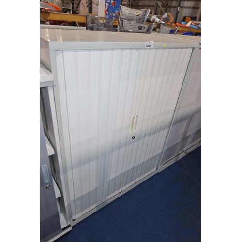 1380 - 1 x light grey / white metal front opening tambour cabinet approx 47cm d x 100cm w x 130cm high