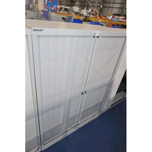 1381 - 1 x light grey / white metal front opening tambour cabinet approx 47cm d x 100cm w x 130cm high