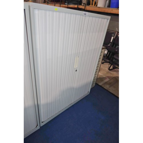 1389 - 1 x light grey metal tambour front storage cabinet approx 100 x 47 x 130cm high