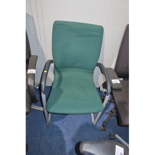 1420 - 1 x light blue upholstered office swivel chair and 1 x green upholstered cantilever chair