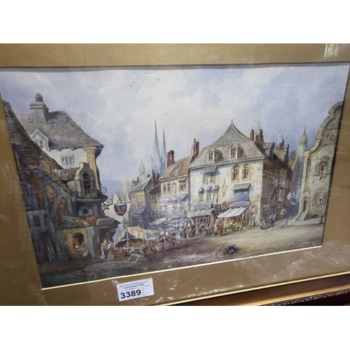 A gilt framed watercolour of a 19th Century continental street scene ...