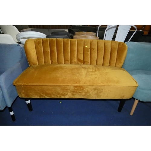 3002 - 1 x gold upholstered two person sofa approx 130cm wide