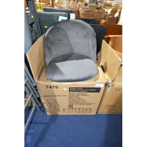 3020 - 2 x Zomba grey velvet upholstered dining chairs - Boxed and requires assembly