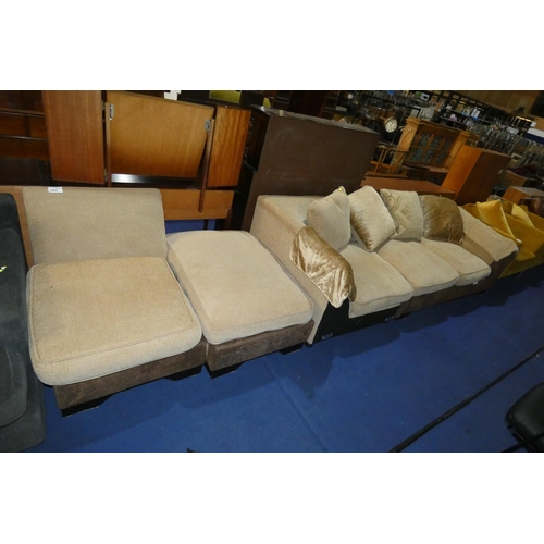 3068 - A two tone brown upholstered three part corner sofa with matching foot stool approx 270 x 170cm. Ple... 