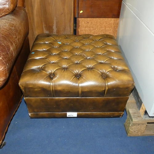 3071 - 1 x brown upholstered button top foot stool approx 65 x 65cm