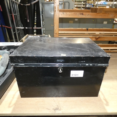 3101 - 1 x vintage black metal box with hinged lid approx 46 x 33 x 27cm high supplied with 1 x key