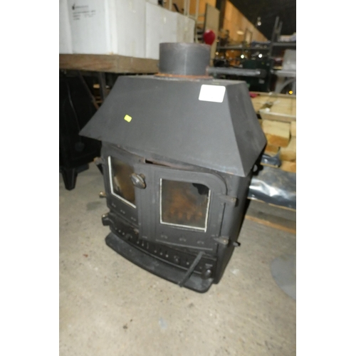 3112 - 1 x black metal two door stove - No make visible and believed to be a multi fuel stove (slatted grat... 