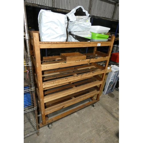 3120 - 1 x wooden shelf unit on wheels approx 125 x 38 x 151cm high