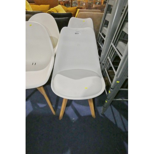 3017 - 2 x white plastic dining chairs with wood legs