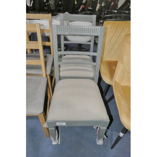 3050 - 2 x dark grey painted ladder back dining chairs with blush pink seat pads