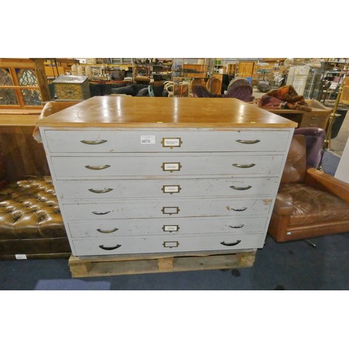 3072 - A grey painted two part 6 drawer plan chest with wooden top approx 115 x 91 x 86cm high. Please note... 