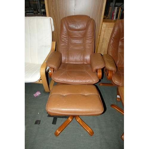 3227 - 1 x brown upholstered reclining swivelling lounge chair with matching foot stool