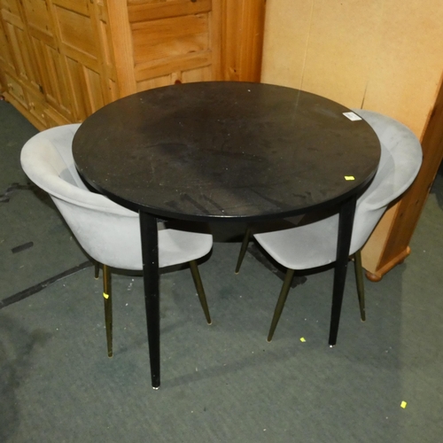 3303 - 1 x black round table diameter approx 95cm and 2 x light grey upholstered chairs