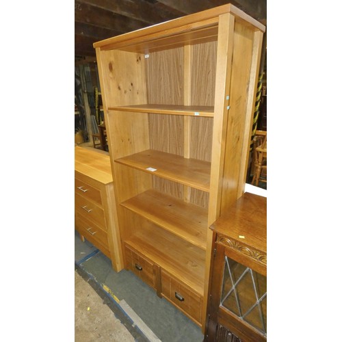 3211 - 1 x wooden open front bookcase with two drawers below approx 90cm w x 185cm high