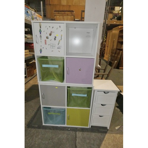 3221 - 2 x white cube storage units each approx 67 x 67cm and 1 x small white 3 drawer unit approx 30 x 30 ... 