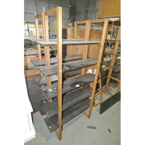 3224 - 2 x open shelf units with wooden frames and black shelves, each approx 110cm w x 200cm high