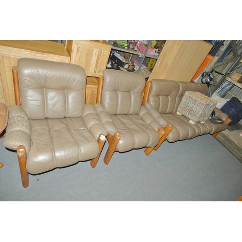 3230 - A brown upholstered wood framed three piece suite comprising of 1 x sofa approx 205cm wide and 2 x a... 