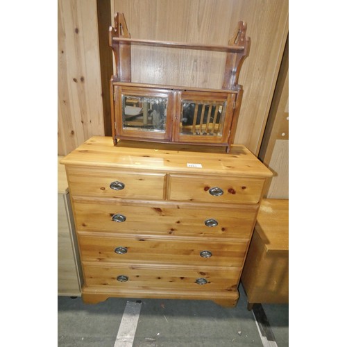 3251 - 1 x Pine chest of 5 drawers approx 92cm w x 92cm high and 1 x small dark wood wall hung unit