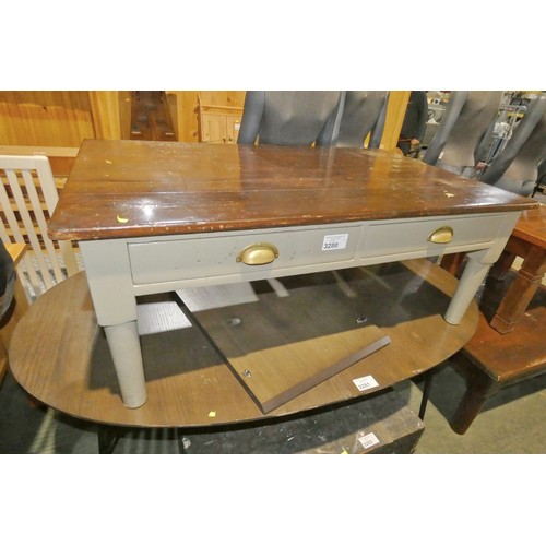 3280 - 1 x grey painted coffee table with dark wood top and 2 drawers below approx 123 x 75cm