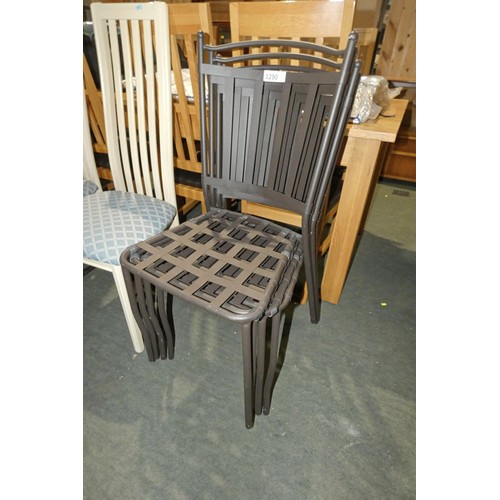 3290 - 4 x brown metal stacking garden chairs - Please note that no cushions are included