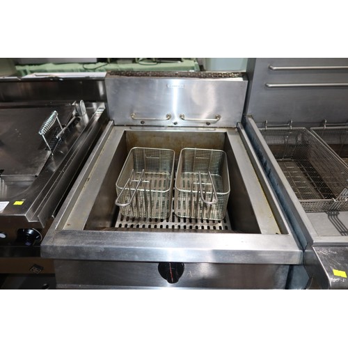 2197 - A commercial stainless steel gas fired 2 basket deep fryer by Falcon, Dominator - trade