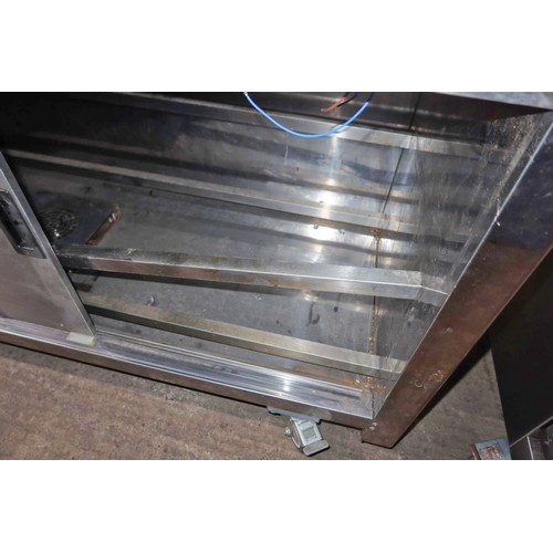 2221 - A mobile commercial stainless steel hot cupboard with gantry and hot plates by Moffat approx 182x72x... 