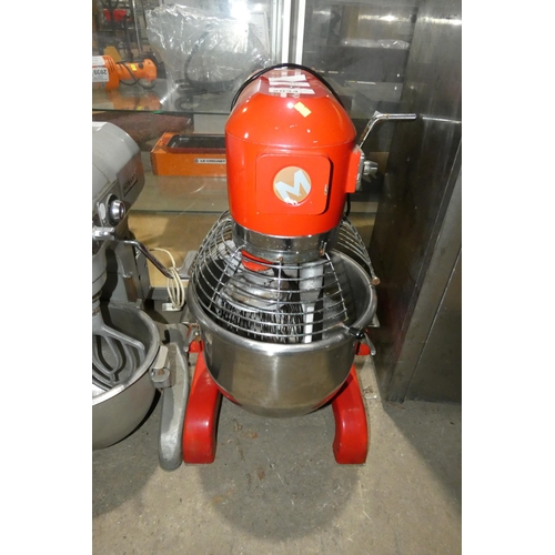 2034 - A commercial red Mastermix commercial food mixer type MM20 dated 2017, comes with bowl & 3 mixer att... 