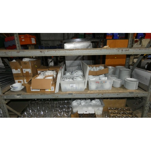 2097 - A quantity of various white crockery, cups and saucers, cups branded Patisserie Valerie