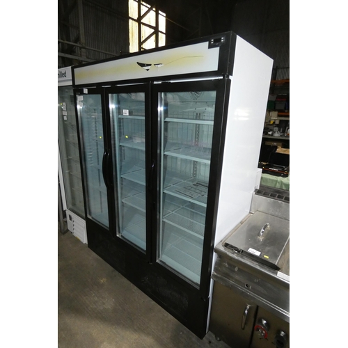 2199 - A commercial wide 3 door display fridge by Tefcold, unit has a broken advertising section - trade. T... 