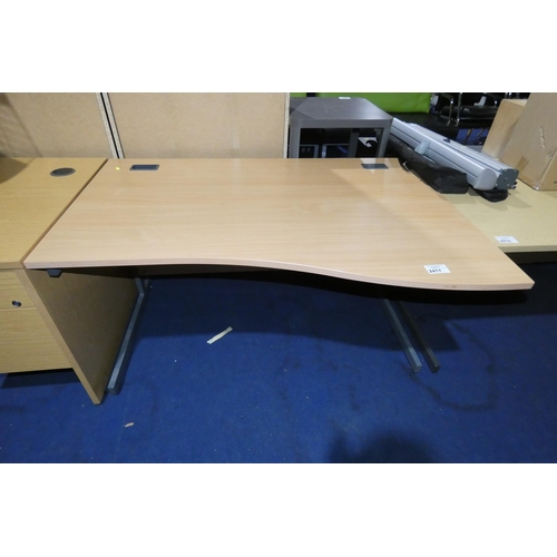 2417 - 1 x wood effect wave front office table approx 140 x 90cm - No pedestal included