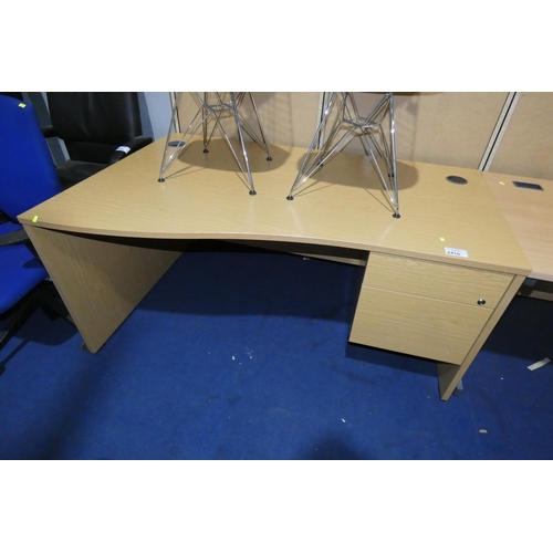 2418 - 1 x wood effect wave front workstation with single fixed pedestal approx 160 x 100cm